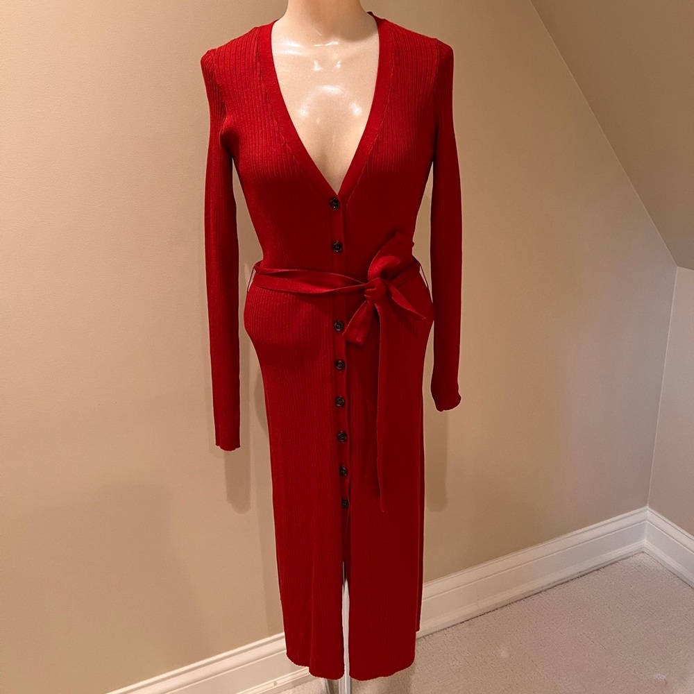 F21 Burnt red button front sweater dress with tie waist and slits on both sides.